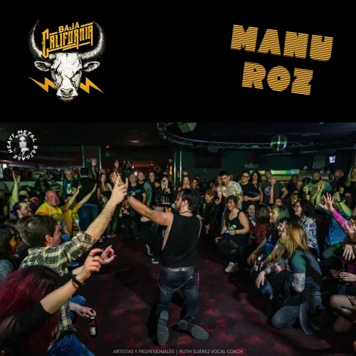 Manu Roz, cantante de la banda de hard rock Baja California, en directo durante un concierto.